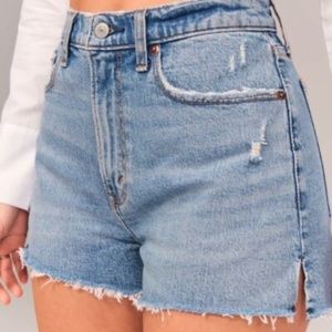 A&F Mom Short High Rise Medium Wash Distressed Denim Shorts